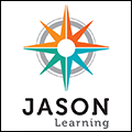 orange and teal compass rose on a white background. text on bottom reads "JASON learning"