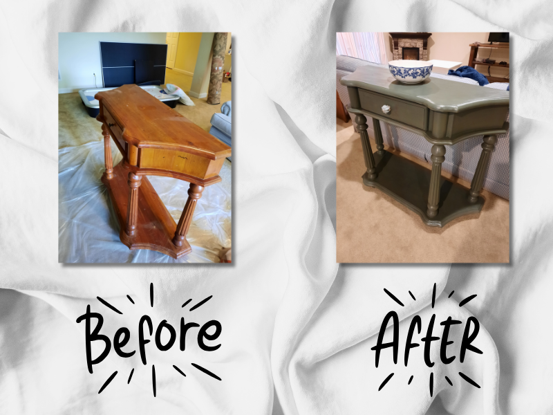 stylized collage of two photos. picture on left is labeled before of a sofa table with a honey oak stain. picture on the right (labeled after) is refurbished. Painted sage green with a white porcelain knob and a decorative bowl placed on top.