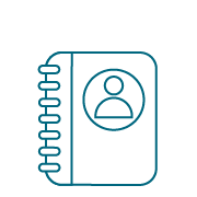 monochrome line drawing of spiral notebook with user icon in circle on the cover.